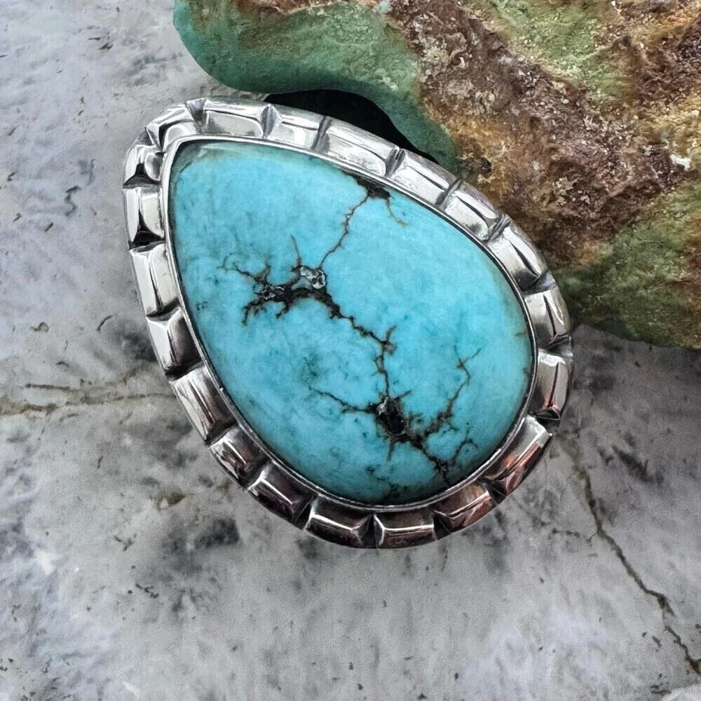 Sterling Southwestern Style Teardrop Tibetan Turquoise Ring Size 7.75 For Women